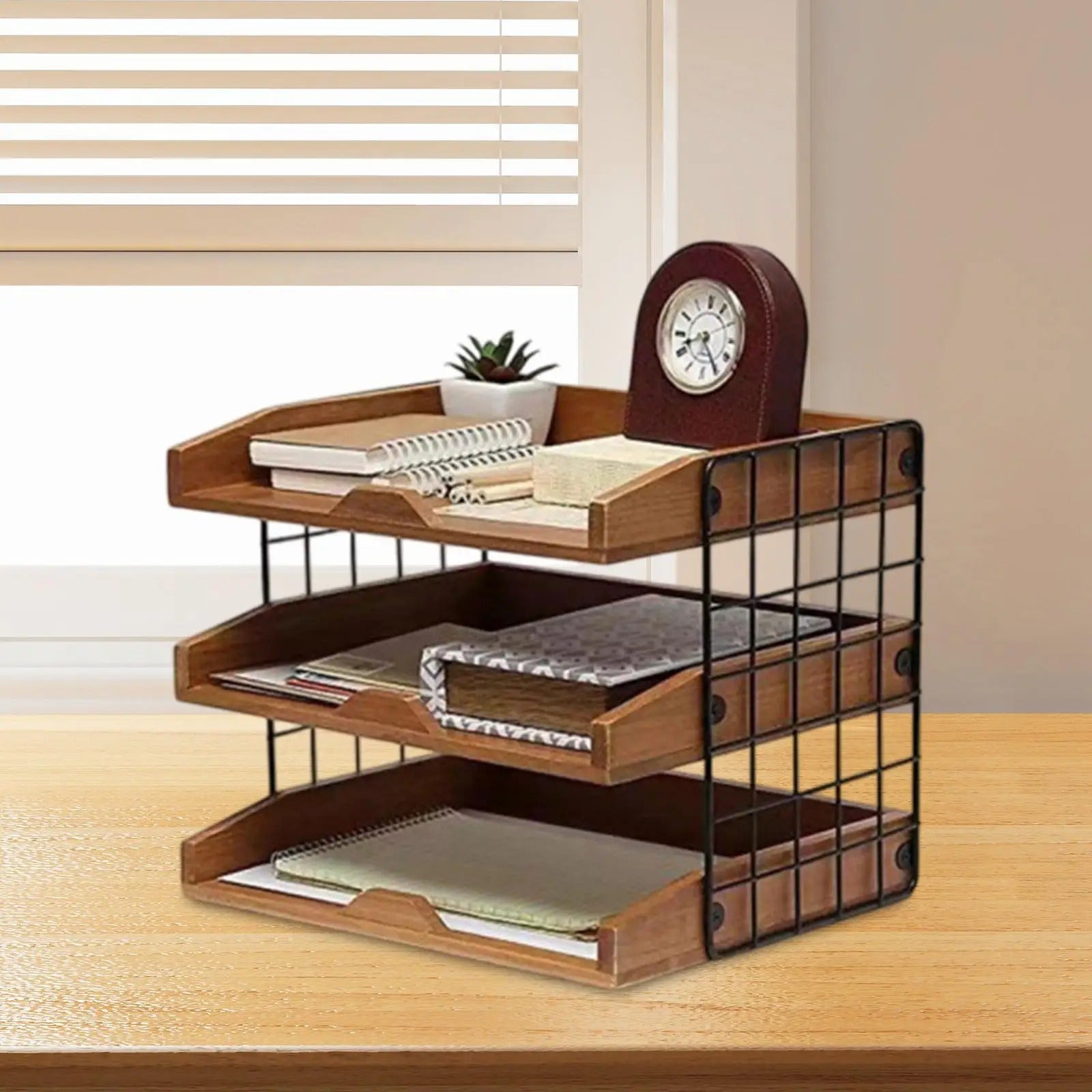 Wooden & Metal Mesh Desktop Elegant Inbox Tray