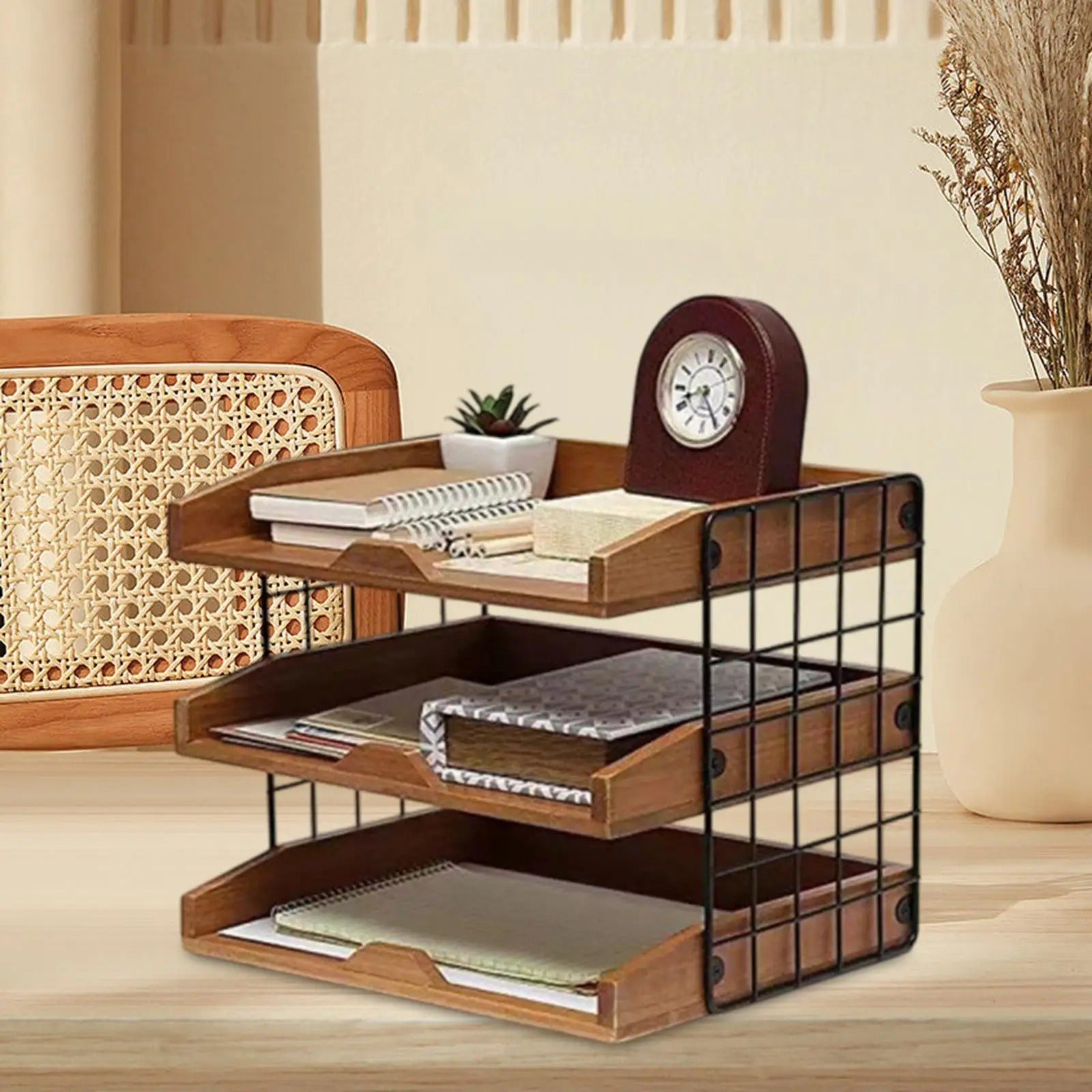 Wooden & Metal Mesh Desktop Elegant Inbox Tray