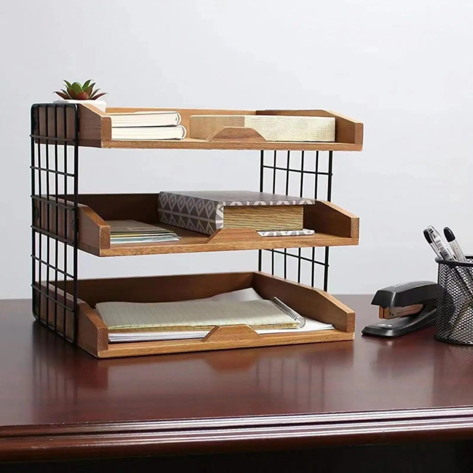 Wooden & Metal Mesh Desktop Elegant Inbox Tray