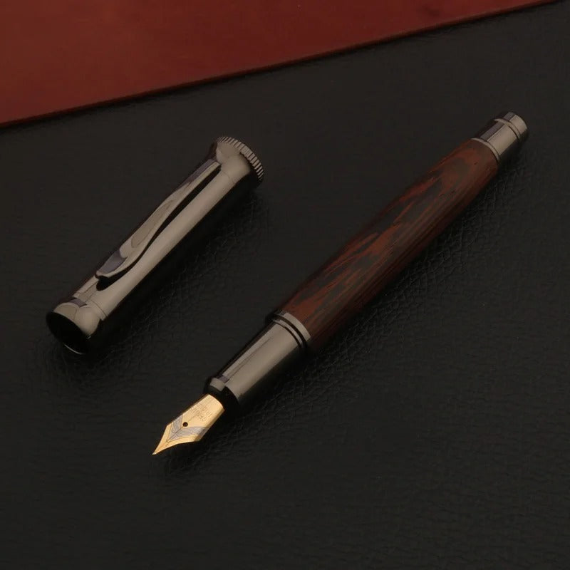 Luxury Wood Fountain Pen – Tiger Skin Grain with Gun Grey Accents