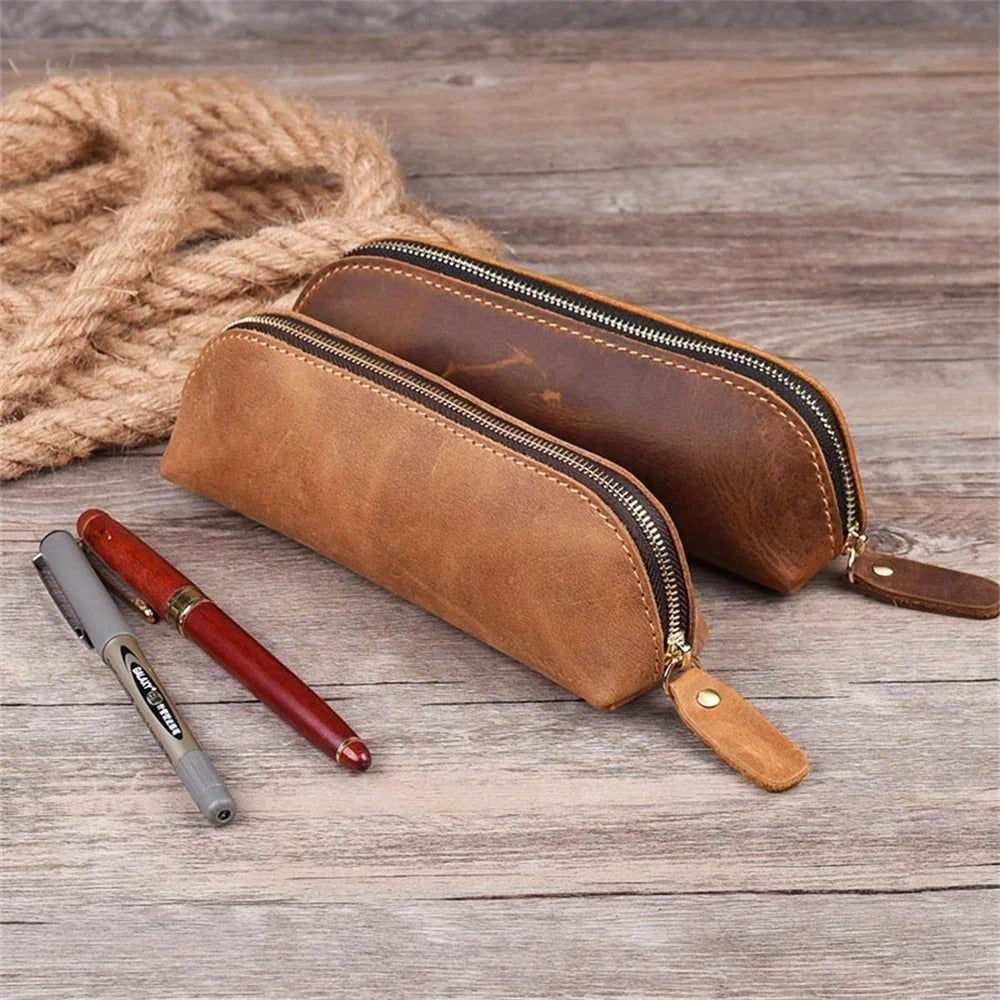 Vintage Leather Zipper Pencil Case – Timeless Simplicity for Everyday Essentials