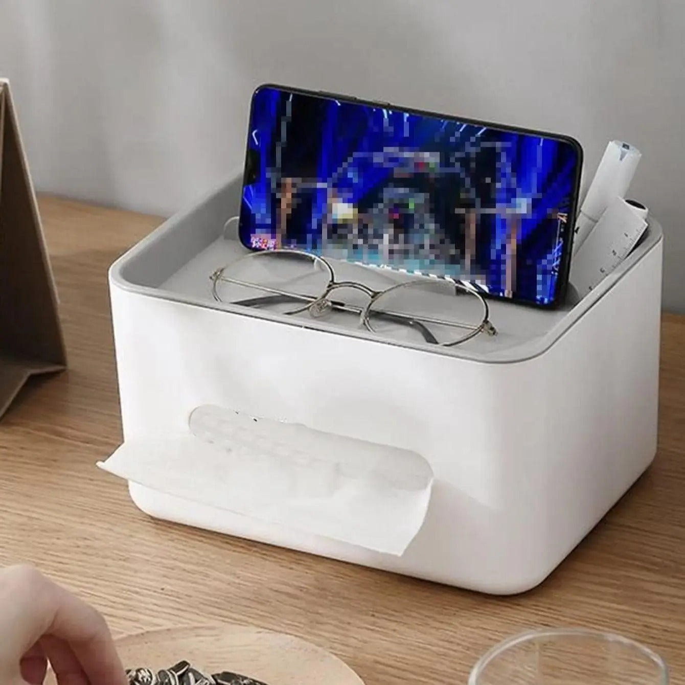 Grey Multifunctional Bedside Storage Box with Tissue Holder