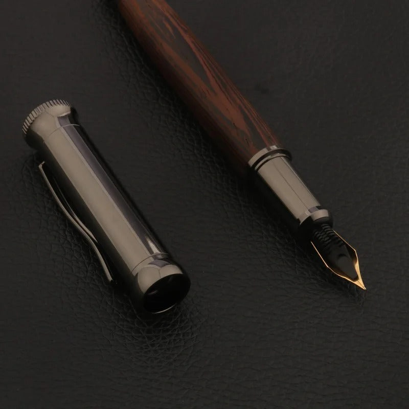 Luxury Wood Fountain Pen – Tiger Skin Grain with Gun Grey Accents