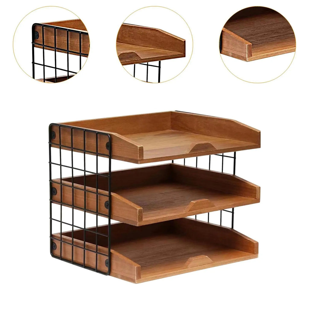 Wooden & Metal Mesh Desktop Elegant Inbox Tray