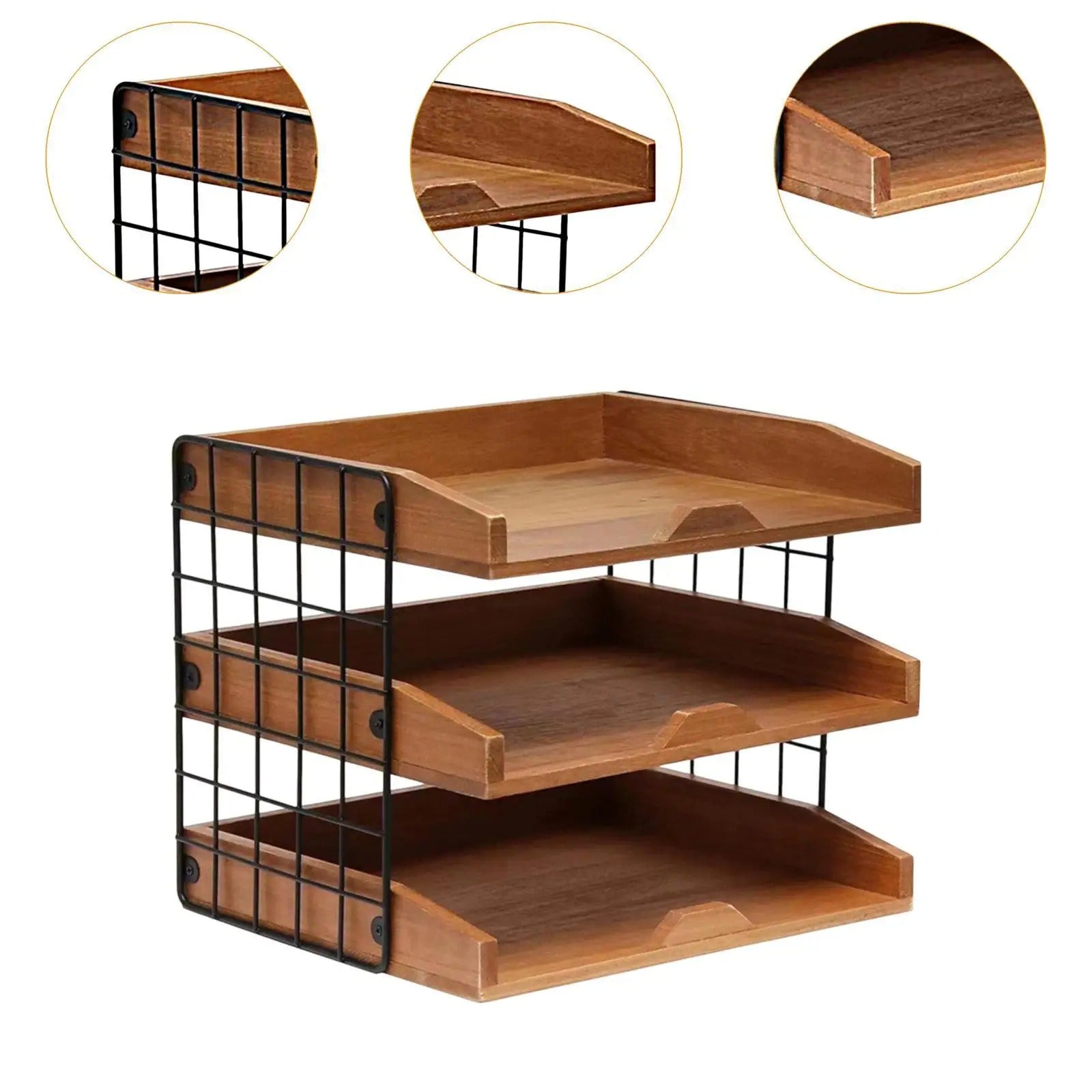 Wooden & Metal Mesh Desktop Elegant Inbox Tray