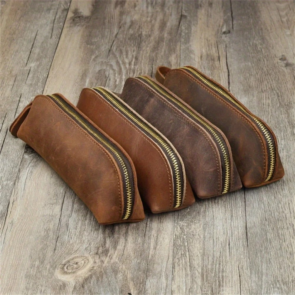 Vintage Leather Zipper Pencil Case – Timeless Simplicity for Everyday Essentials