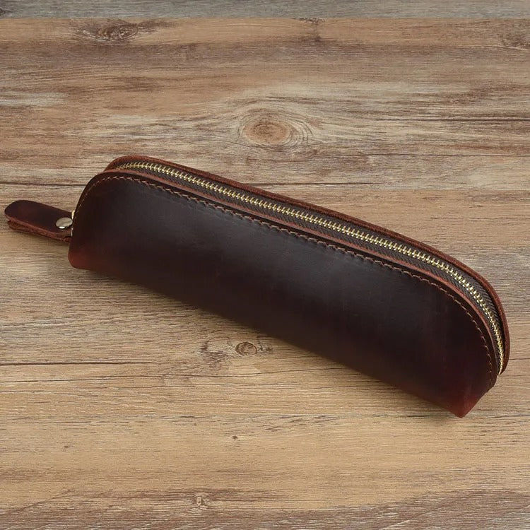 Vintage Leather Zipper Pencil Case – Timeless Simplicity for Everyday Essentials